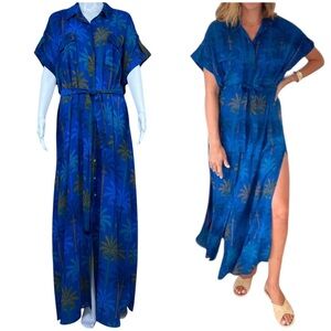 NEW Misa Lou Belted Palm Print Chiffon Maxi Shirt Dress Size M Flowy Resort